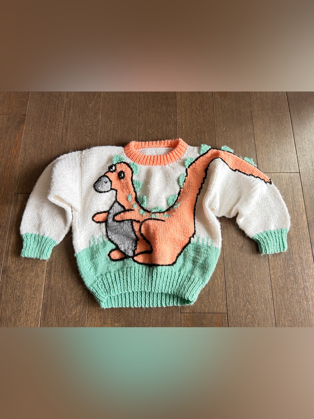 Vintage Hand knit Dino Graphic Sweater in Mint, Coral &‎ White